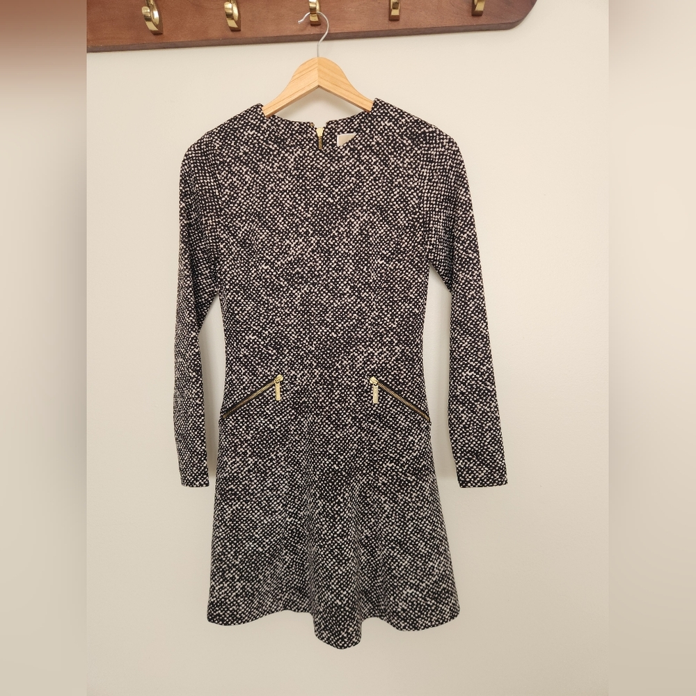 Michael Kors Monochrome Long Sleeve Dress with Gold Accents